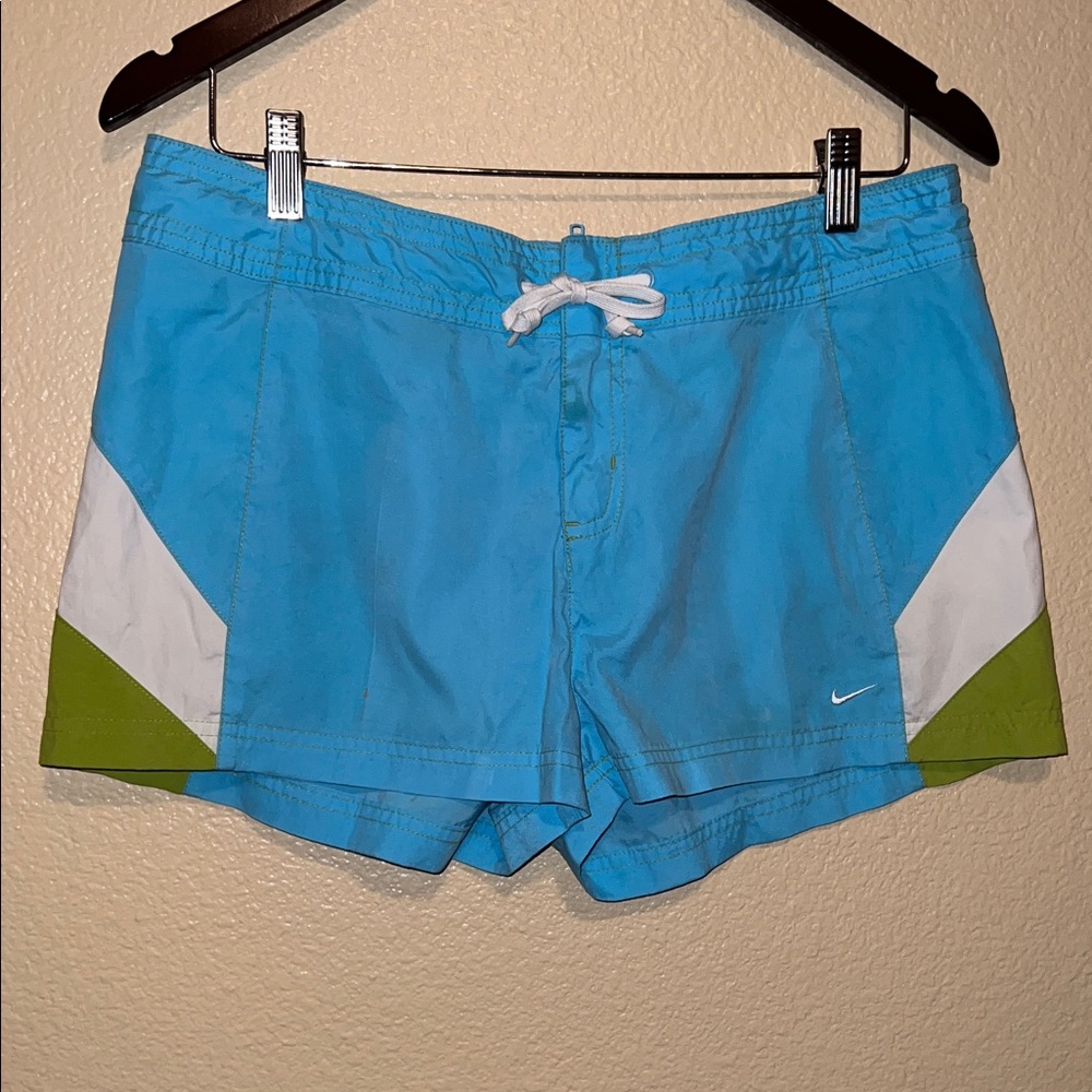 Nike Light Blue Swim Shorts with White and Green Panels